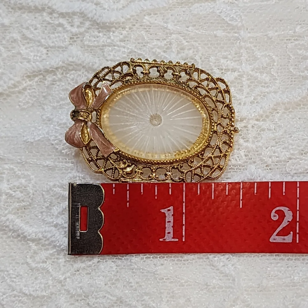Vintage Filigree Gold Toned Brooch With Enameled Pink Bow